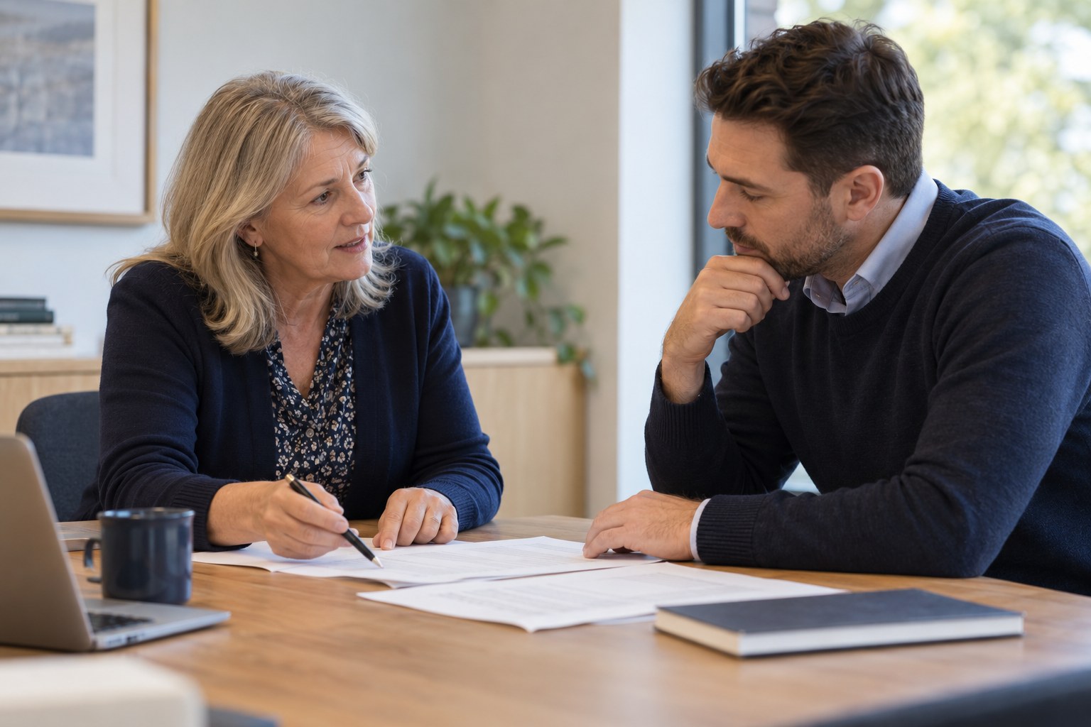 dos personas revisando información en una conversación de orientación